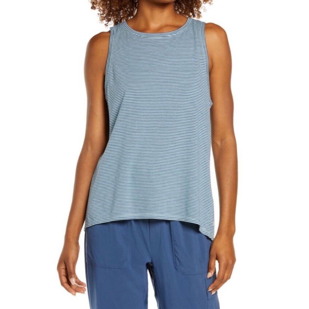 Zella Aura Blue Stripe Crew Neck Cross Over Tank‎ Top Activewear Large